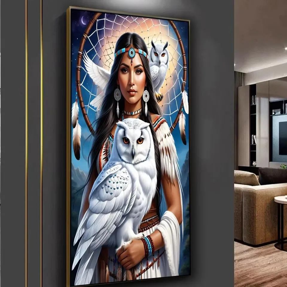 Indická žena a sova vlk Veľký 5D DIY Diamond Painting Plné štvorcové/okrúhle diamantové mozaické krížové stehy súprav