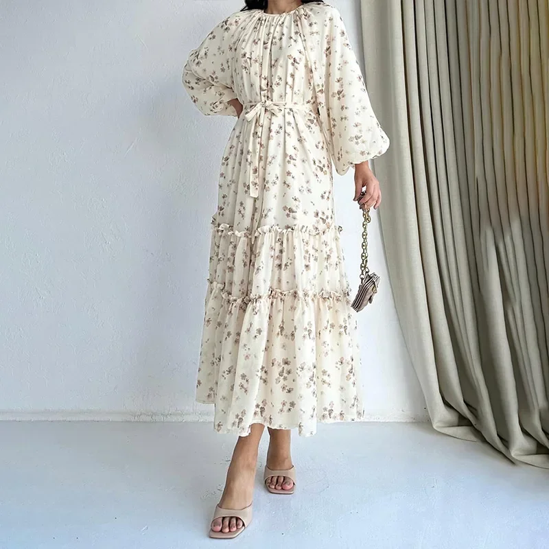 Indické a pakistanské ženské moslimské šaty, Dubai Abaya, módne dlhé šaty s kvetinami a opasok.