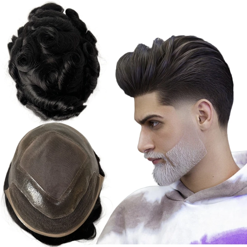 Indické panenské systémy ľudských vlasov 1B# čierna farba predná švajčiarska čipka 4 oči Toupee 8x10 Mužská jednotka pre bielych mužov