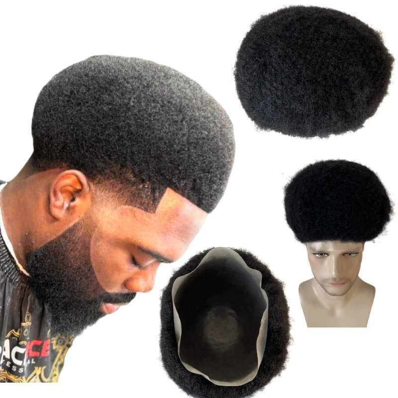 Indické panenské systémy ľudských vlasov 4 mm koreň Afro 1# Jet Black Color Prispôsobené 12x14 Celá hlava Plná Pu parochňa pre čiernych mužov