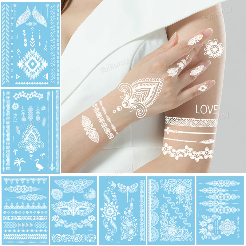 Indické vzory henna čipkované tetovanie na nálepku biely náhrdelník mandala dočasné tetovanie nálepka tela umenie farby vodotesné na svadbu