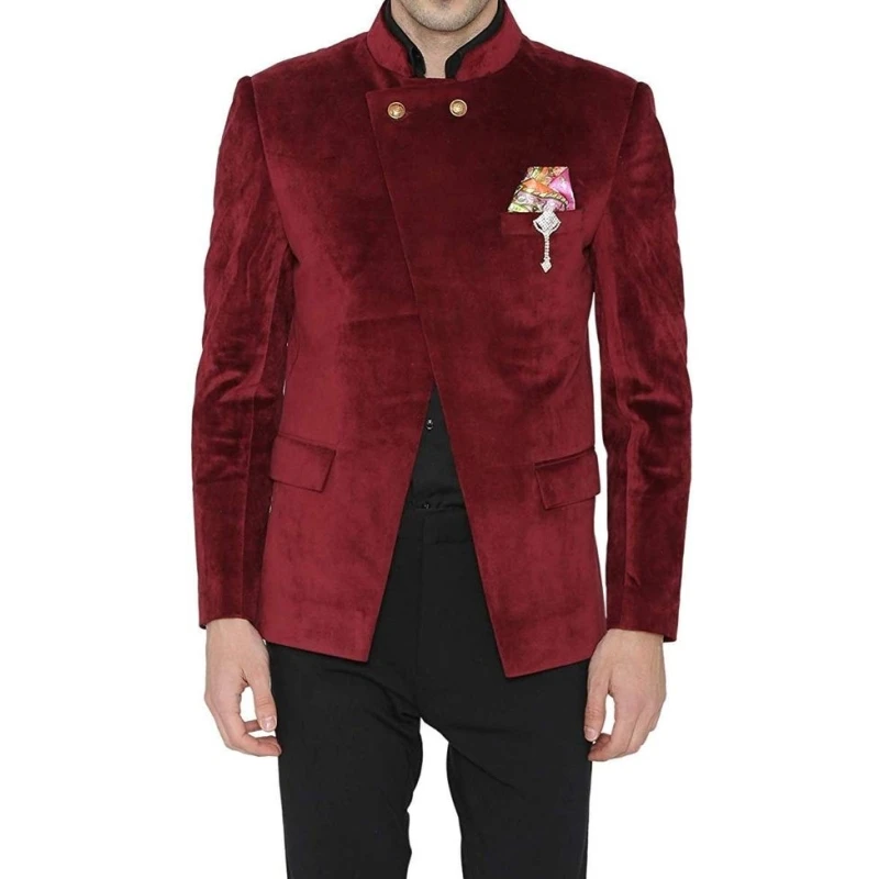 Indický stojanový dizajnér muži obleky na bundu Pant Set Man Burgundsko Partywear Etnicko -gaštanové zamatové obleky