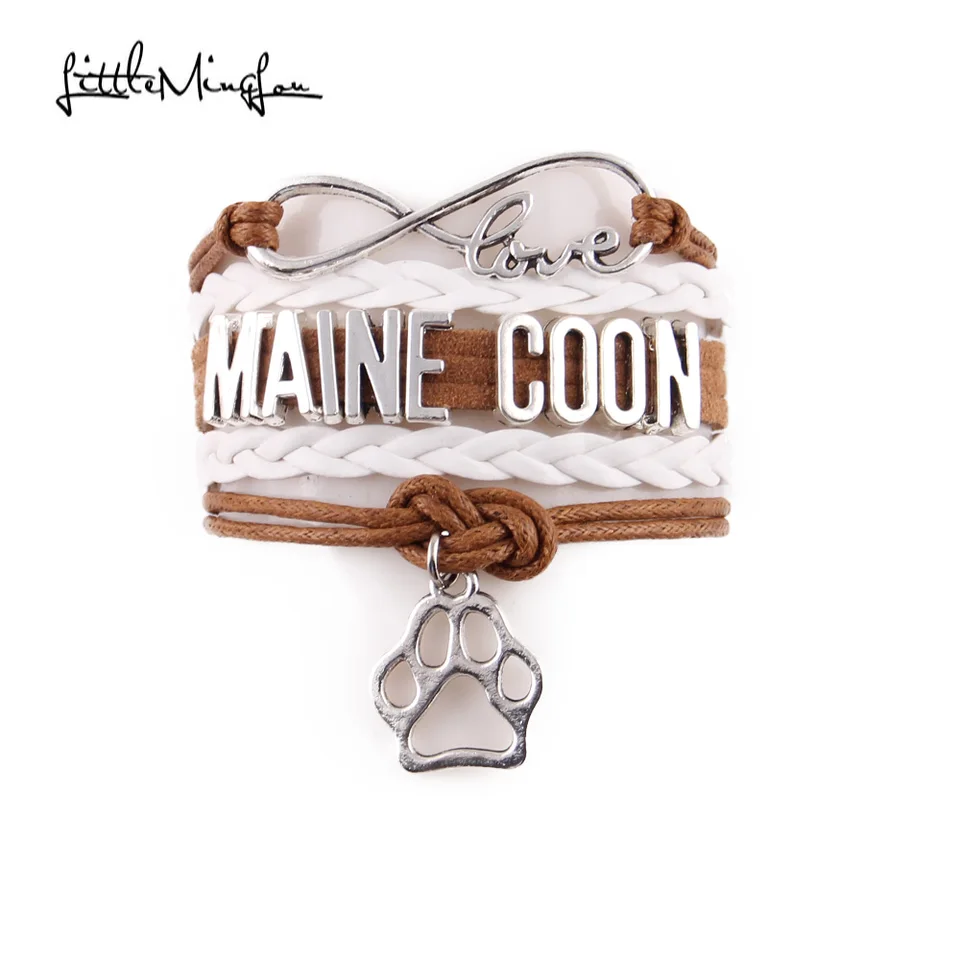 Infinity Love Maine Coon Cat Náramok Pet Paw Charm Kuchý kožené zábaly Men náramky a náramky pre ženy šperky