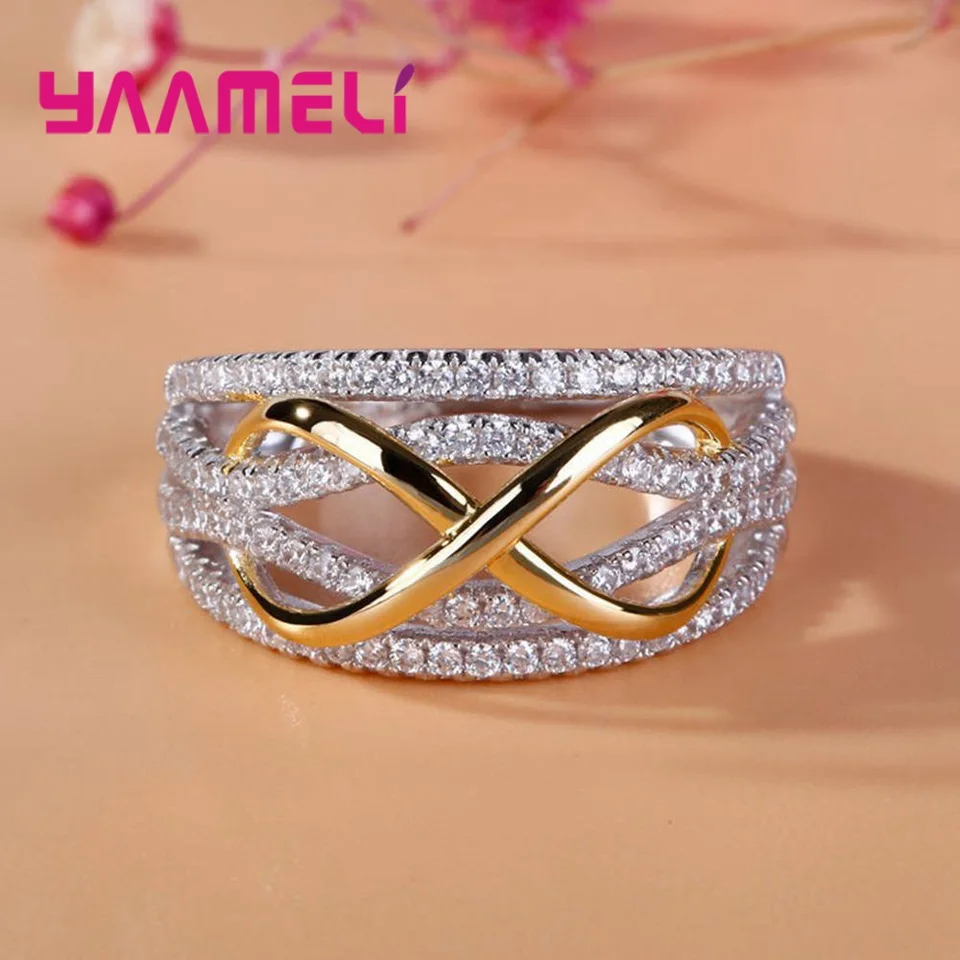 Infinity Love Ring 925 Sterling strieborná farba žiariaca kubický zirkón Bowknot List 8