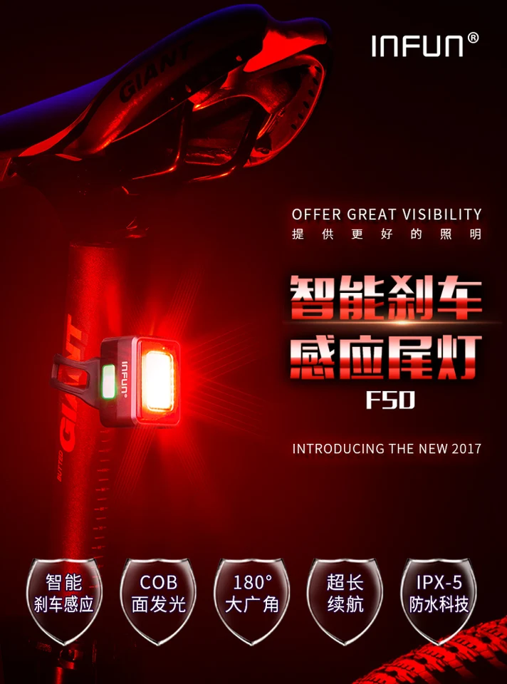 Infun bicykel zadné svetlo pre bicykel Automatická indukcia brzdy Taillight MTB Cycling Nabíjanie LED bezpečnostné prebiehajúce svietidlo