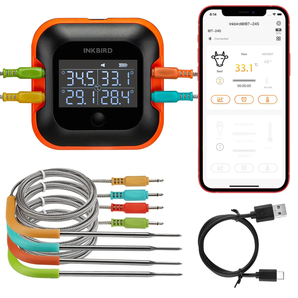 Inkbird Bluetooth Meat Tephrometer so 4 sondami vonkajšieho kempingu BBQ teplomer s veľkými podsvietenými LCD a alarmami
