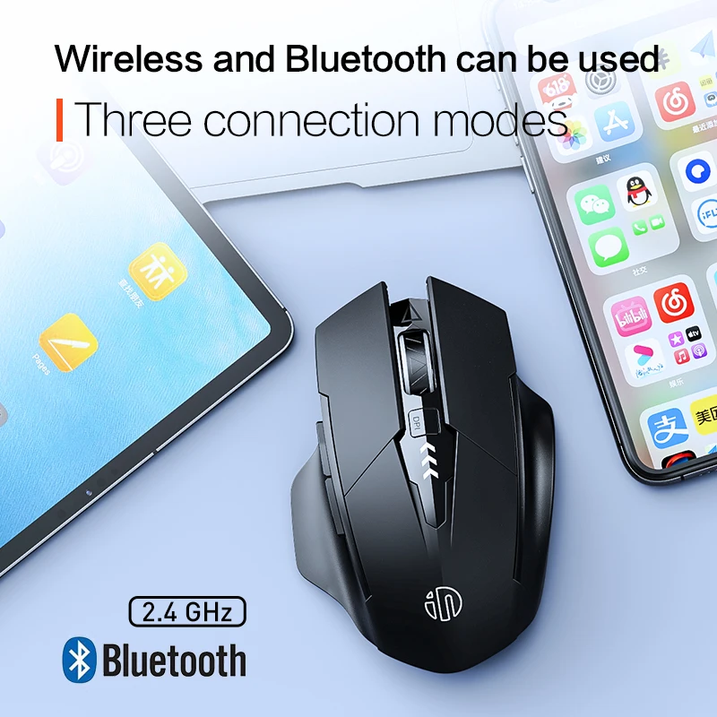 Inphic A1 Wireless Bluetooth Tri-režim Mouse Nabíjateľná kancelária tiché gombíky Mouse Power Displej Universal Bluetooth 5.0