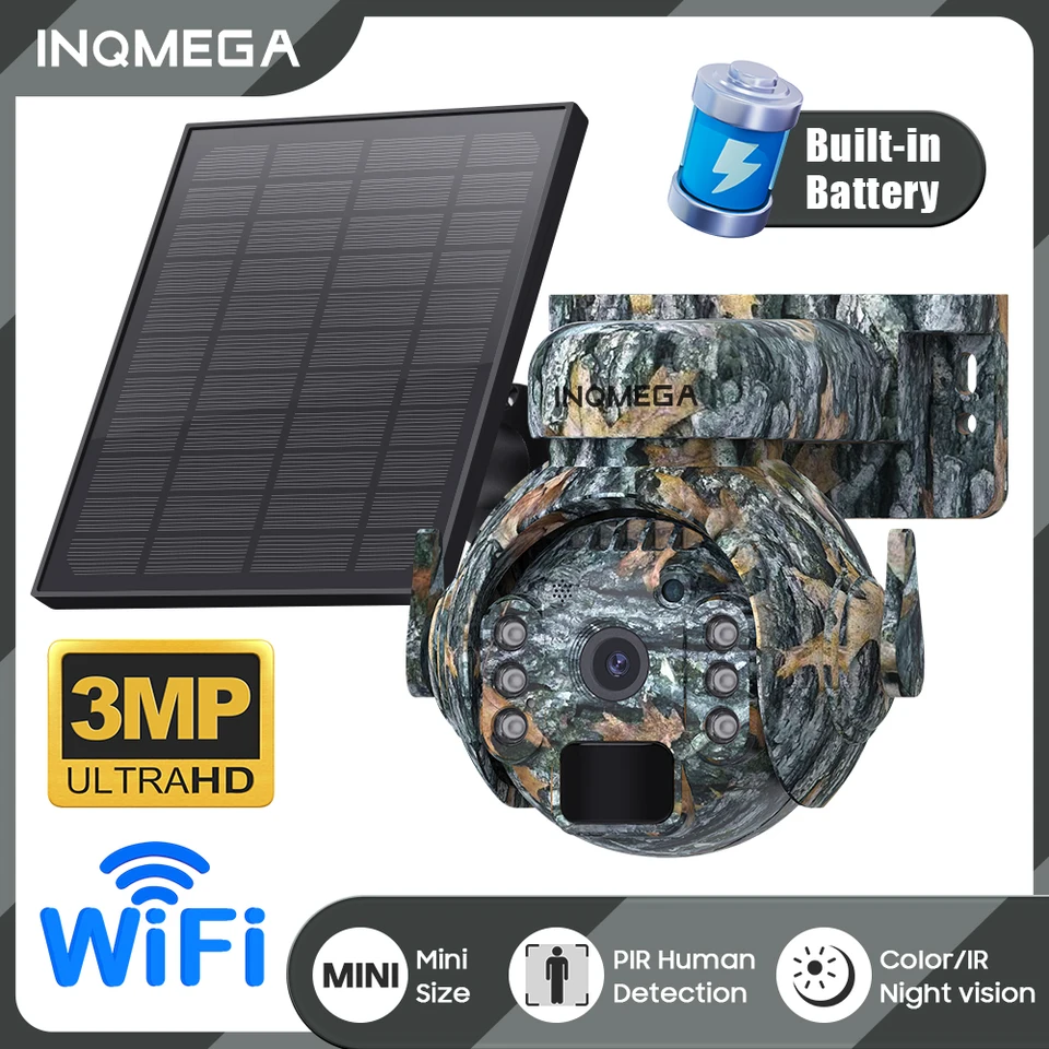 Inqmega 3MP solárna kamera WiFi Wifi Wireless Outdoor Dual Dual Lens 360 ° Zobraziť monitorovanie zvierat Maskarovna farebná solárna bunka PTZ PIR Camera PIR