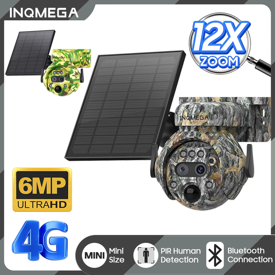 Inqmega 6MP 12x Zoom Solárna kamera 4G SIM Outdoor Wireless WiFi 360 ° Zobraziť monitorovanie zvierat Hunting Cam Vstavaná batéria 7800 mAh
