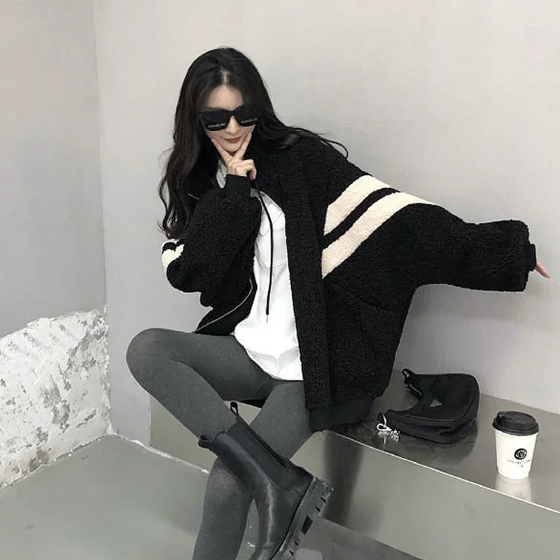 INS Autumn Kawaii Teddy Bear Fur Curr Cursize Hoodies Harajuku Ženy Bomber Bunda Faux Lambs Coat Fleece Streetwear