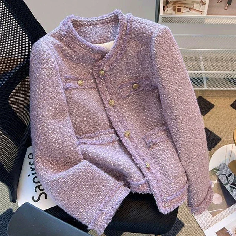 Ins Freple Purple Gentle Lady Tweed bunda O-krk gombík krátky kabát pre ženy na celé zápas jesenné zimné odevy Kórejská trendy