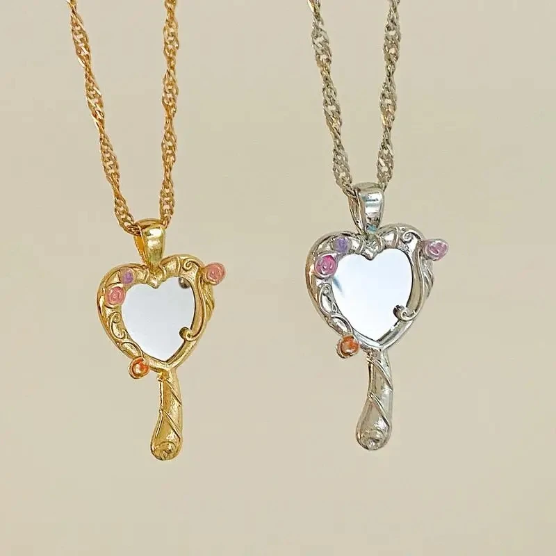 INS HOT Y2K Barbie Heart náhrdelník pre ženy Dievčatá Roztomilé zrkadlo Fotoranm Locket náhrdelníky