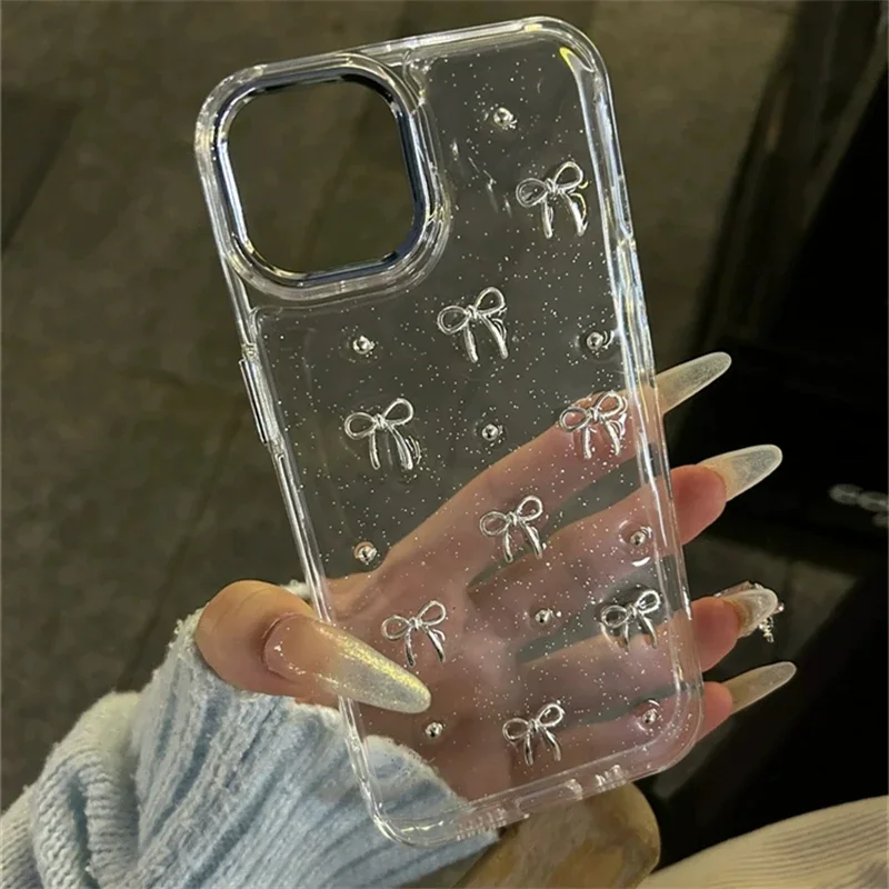 Ins Japan Kórea strieborné púzdro Bowknot pre iPhone 15 16 14 13 12 11 Pro Max x xs xr 7 8 plus girl epoxy číry trblietavý kryt