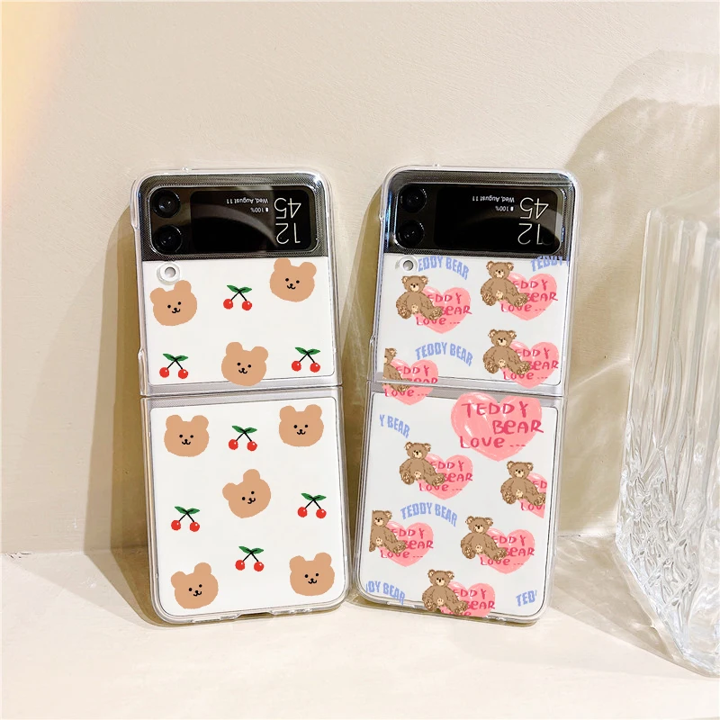 Ins Korea Cartoon Cherry Bear telefón pre samsung galaxy Z flip5 ružové láskavé srdce Clear Hard Cover pre Samsung Z Flip5 4 Funda