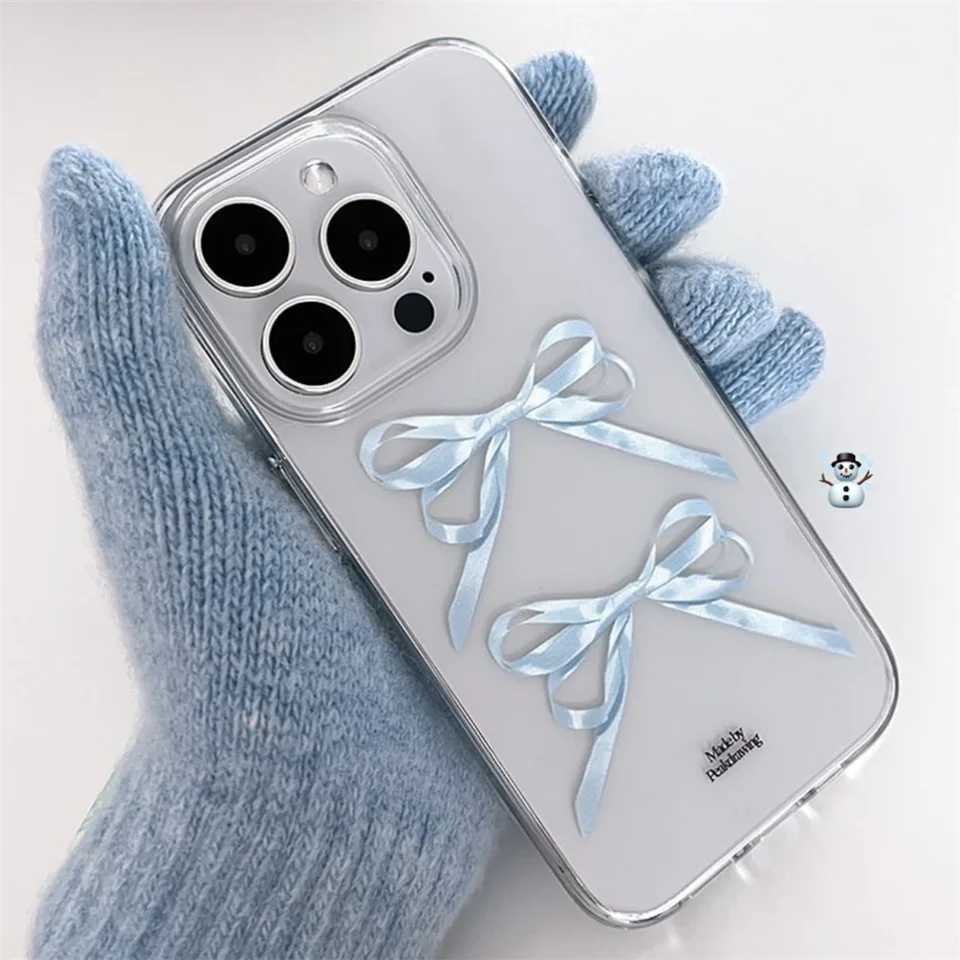 Ins Korean Cute Pink Rubbbon Bow Blue Priehľadný pár telefónov pre iPhone 15 14 13 12 11 Pro Max xr xs max 7 8 plus mini y2k