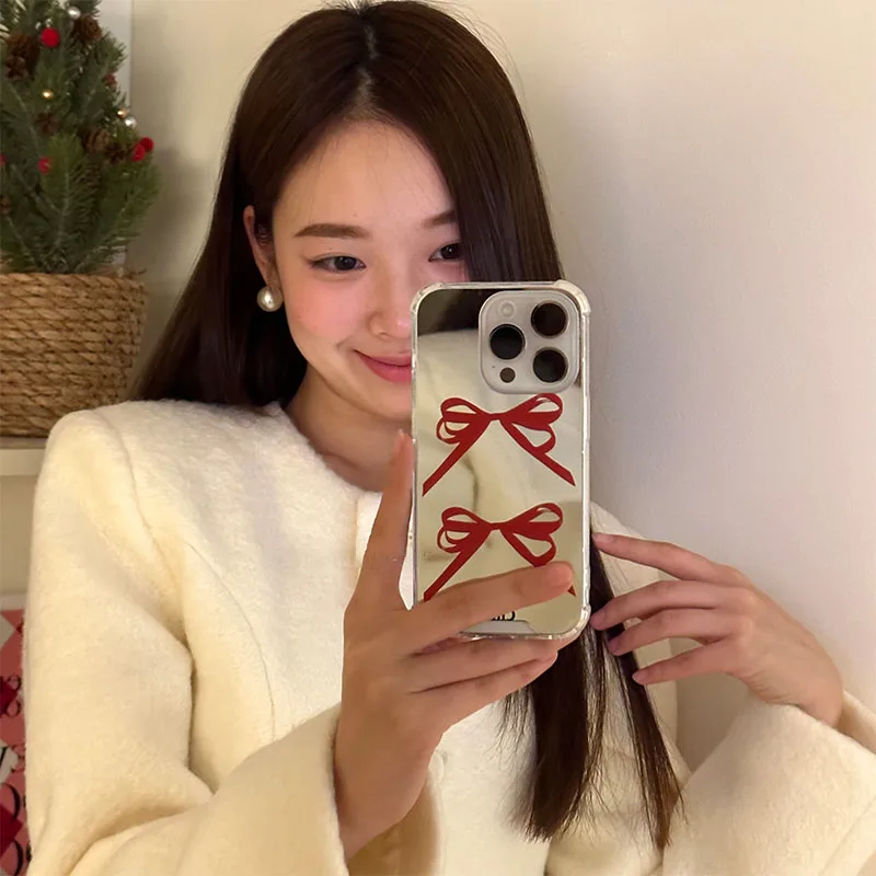 Ins Korean Cute Red Bowknot make -up zrkadlové puzdro pre iPhone 15 14 13 12 Pro Max 11 Lovely Shockproof tvrdý zadný kryt Funda