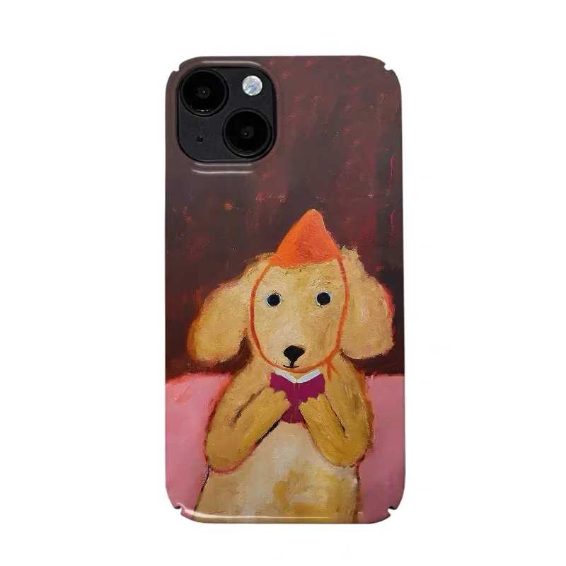 Ins Korean Reading Dog Painting Art Case pre iPhone 16 15 14 13 Pro Max Champ Phone Cover pre 12 11 Pro 16 plus 8 7 xr xs kryt