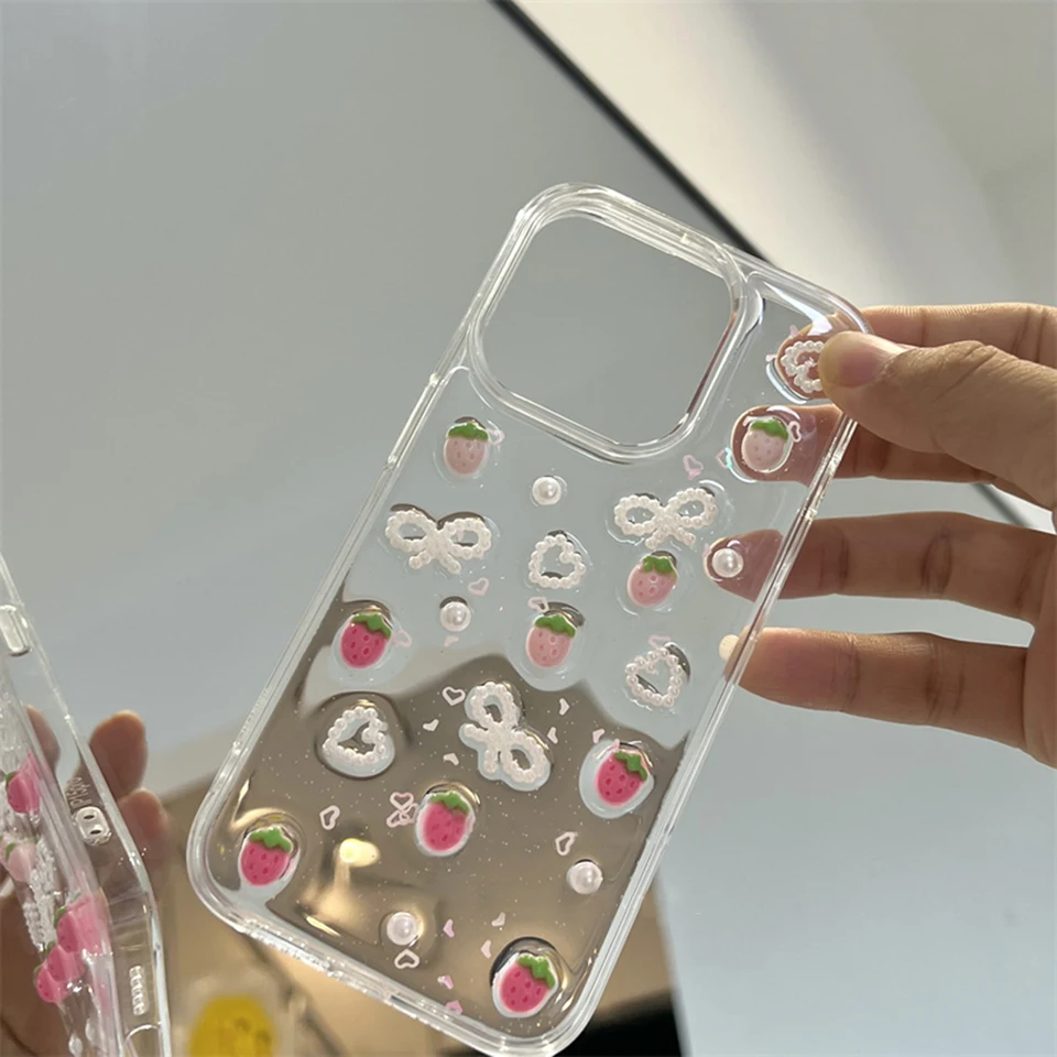 Ins Pink 3D Strawberry Bow Heart Pearl Pearl Glitter Epoxy Pase pre iPhone 16 15 14 13 12 11 Pro Max Plus ochrana zadný kryt