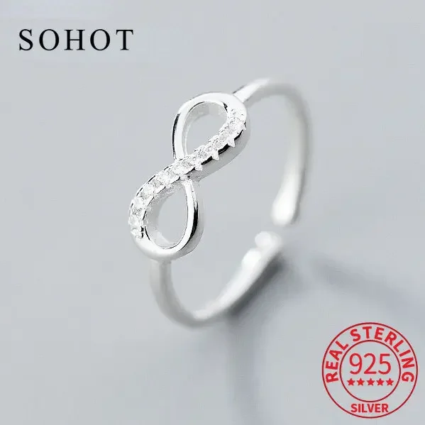 Ins Real 925 Sterling strieborný zirkón Infinity Symbol nastaviteľný prsteň pre ženy klasické jemné šperky minimalistické bijoux