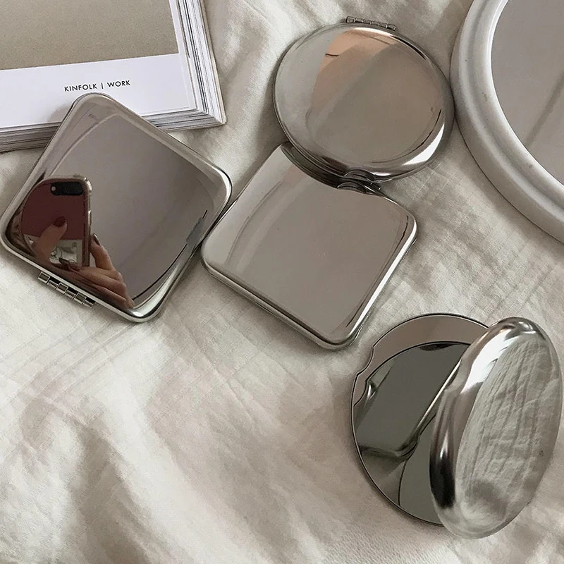 Ins Skladacie zrkadlo Mini Mini z nehrdzavejúcej ocele Prenosné zrkadlá Round Square Kozmetické zrkadlá vreckové zrkadlá espejos
