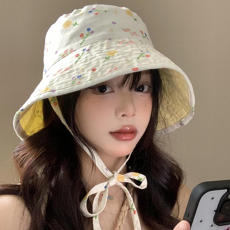 Ins sladké obojstranné popruhové klobúky ukazujú tvár Malé letné japonské retro literárne literárne kvetinové všestranné dámske kryty s opaľovacím krémom