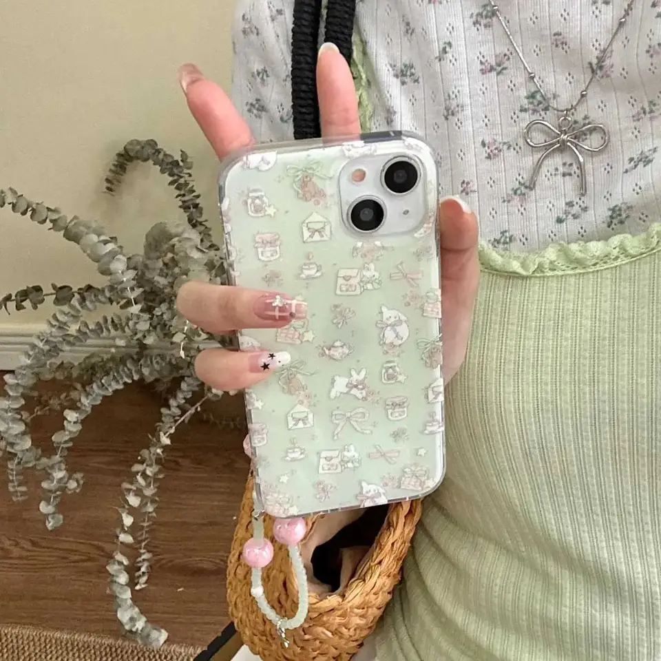 Ins Spring Cat Cartoon Náramok prívesok na karikatúru pre iPhone 15 14 13 12 11 Pro Max xr xs max 7 8 plus mini y2k kryt