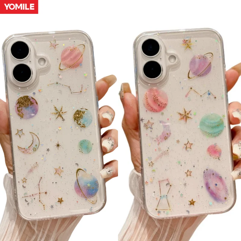 Ins Star Moon Glitter Planet Planet Planet Clear Puzdro pre iPhone 16 15 14 13 12 11 Pro Max 8 7 Plus x xs xr xs nárazový vodný kryt