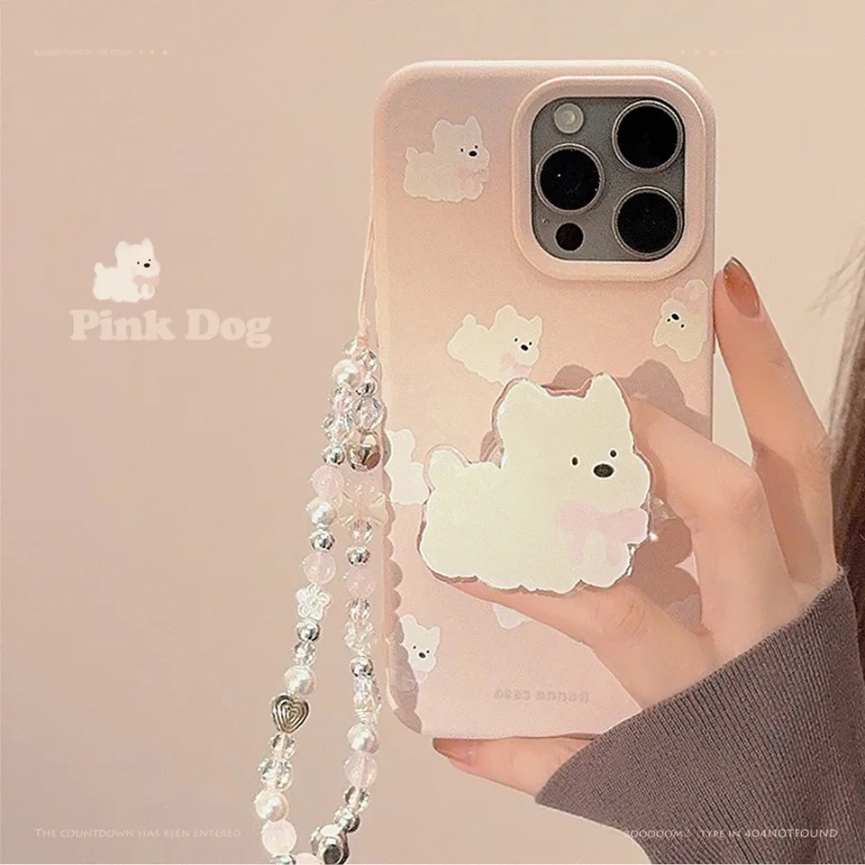 Ins White Dog Puppy Stunder Držiteľ náramku pre náramok pre iPhone 15 14 12 Promax 13 16 Pro Max Plus mäkký silikónový zadný kryt
