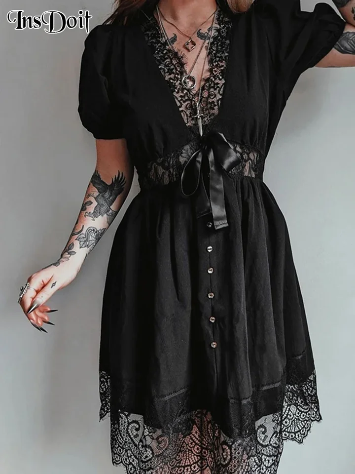 Insdoit Goth Vintage Preat Sheast Lace Lace Panel Dress Dámske estetické šaty korzety Patchwork harajuku elegantné šaty na párty 2023