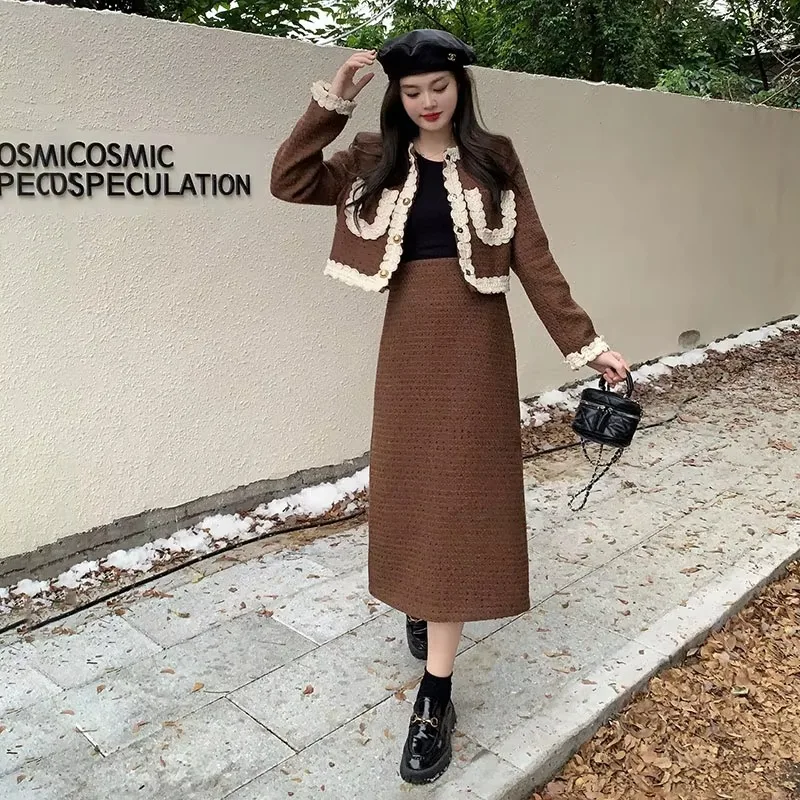 Insozkdg francúzsky ročník Tweed Tweed Set Women Short Bunda Coat + Bodycon Sukne Suil Fall Winter Elegant 2 -Piece Outfits