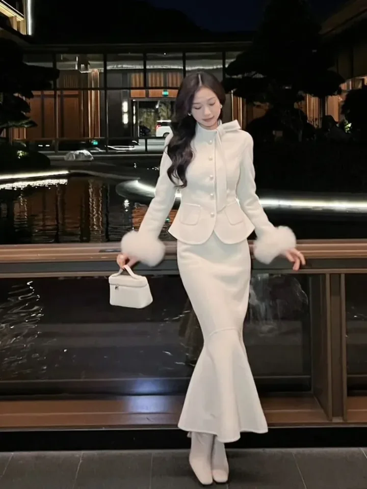 Insozkdg High-end White Blazer Sukňa vyhovuje dám elegantné dvojité kožušinové manžety sako + nepravidelná gombíková sukňa s dvoma kusmi