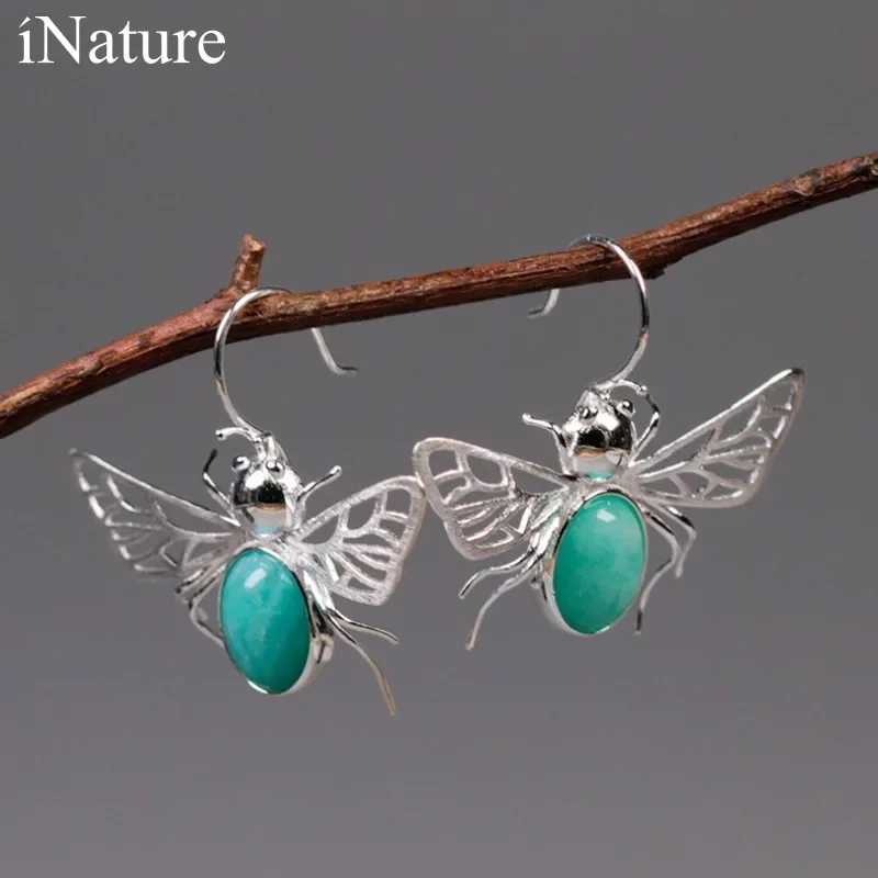 Intaret 925 Sterling Silver Natural Amazonite hmyz včely náušnice pre ženy jemné zvieracie šperky brincos