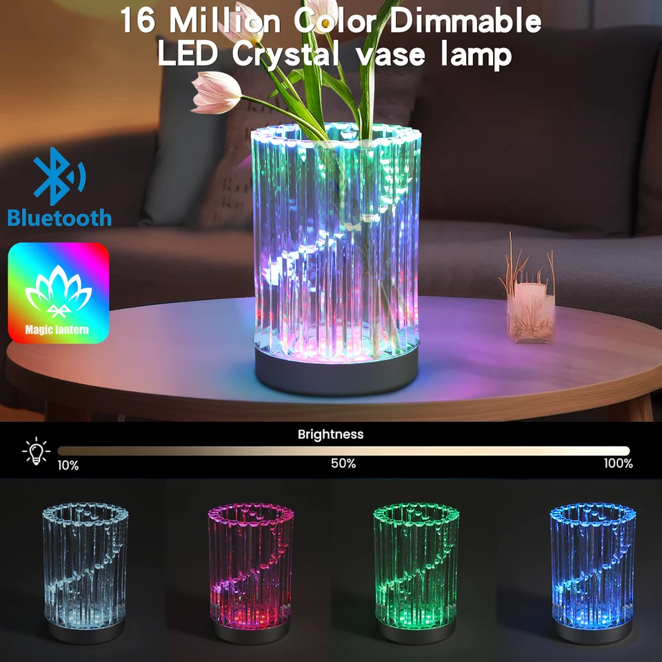 Inteligentné LED Crystal Night Light RGB Color Zmeniť Vázu Lampa App+diaľkové ovládanie
