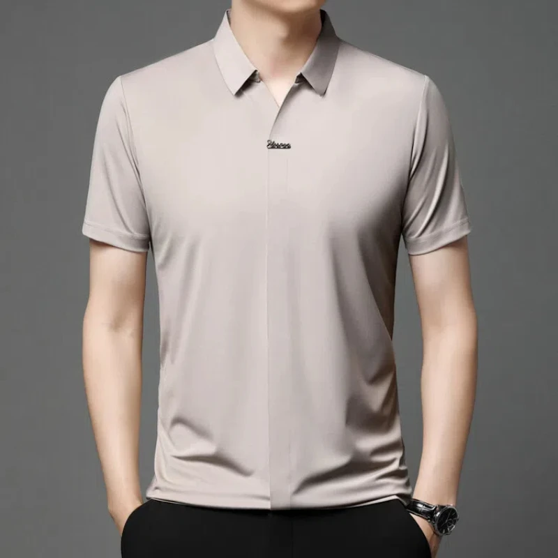 Inteligentné letné letné pólové košele Pánsky golier Turnwow Collar Solid Color tenký štýl ľadový hodvábny trend všestranný štíhly vrcholy s krátkym rukávom