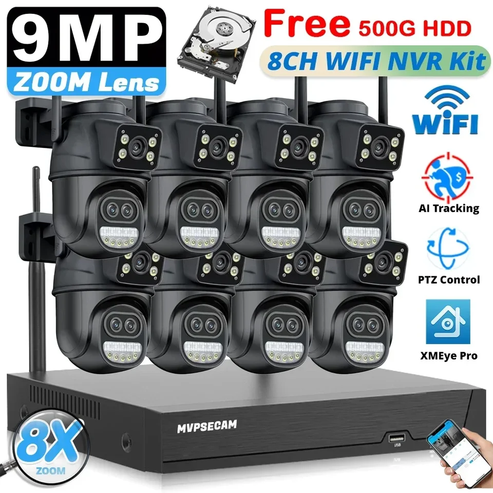 Inteligentný systém sledovania WiFi 8ch WiFi NVR Kit ICSEE 9MP HD VIDEO SAISHASION IP CAMERAS Outdoor Wireless CCTV Systém PTZ 8X Zoom