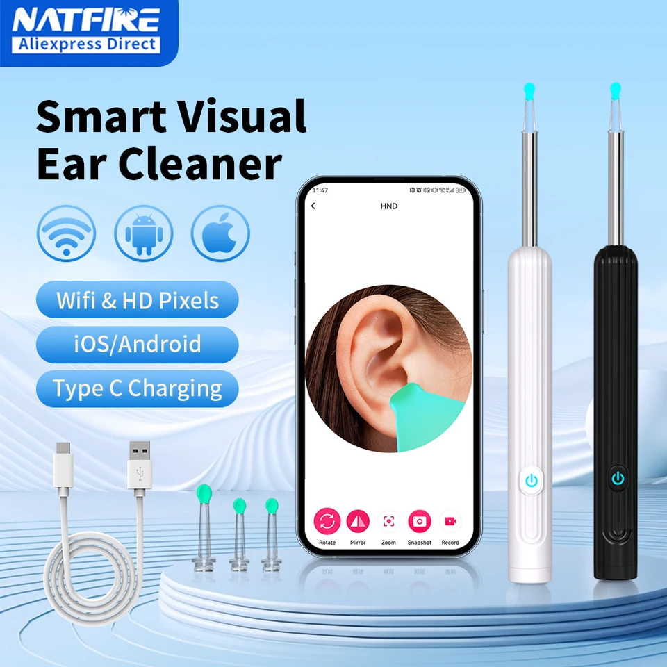 Inteligentný vizuálny uší čistič s fotoaparátom 1296p uší tyčinky USB C nabíjanie uši odstraňovanie nástroja Wi -Fi pripojenie 6 LED svetlá EarPick