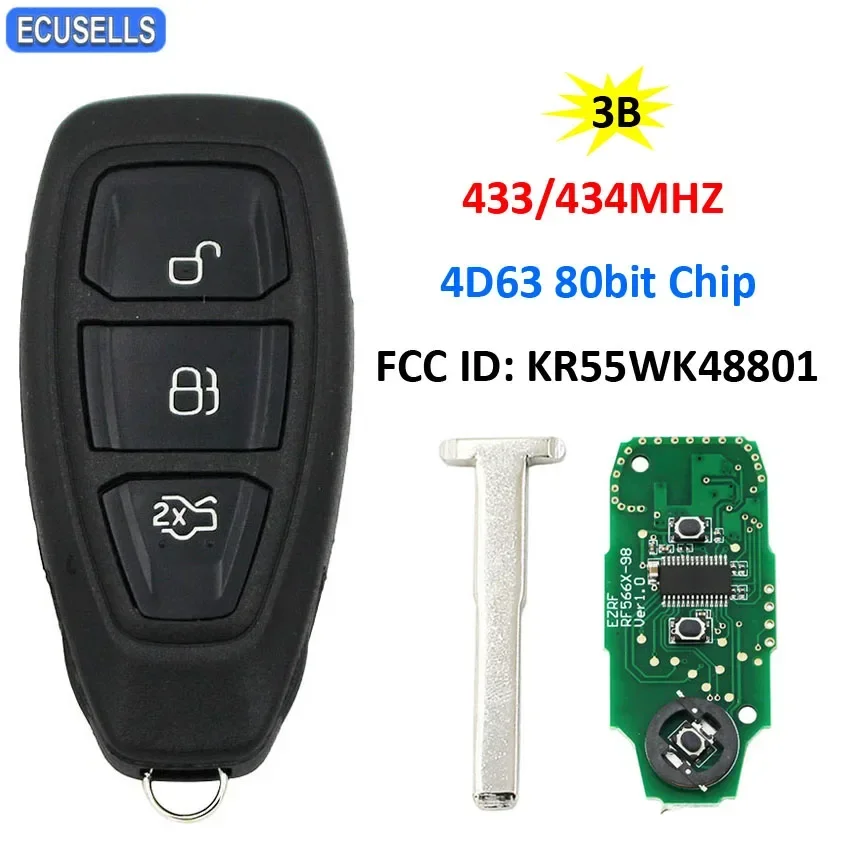 Intelligent Remote Smart Car Key 433MHz 434MHz 4d63 80bit ID83 Chip FCC ID: KR55WK48801 pre Ford Focus C-Max Mondeo Kuga Fiesta