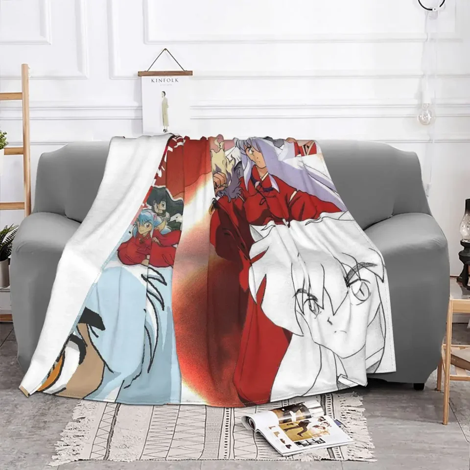 Inuyasha karikatúra detská prikrývka Plaid Fleece Vytlačte japonské anime super priedušné teplé prikrývky na domáce auto prikrývky