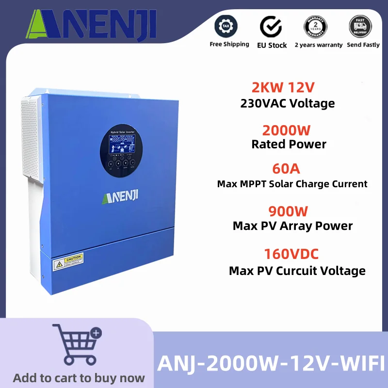 Inverter 2KW 12V 220V Solar Hybrid Off Inversor Pure Sine Wave Build-in Build-in MPPT 60A Solar Carche Controller PV MAX 160VDC