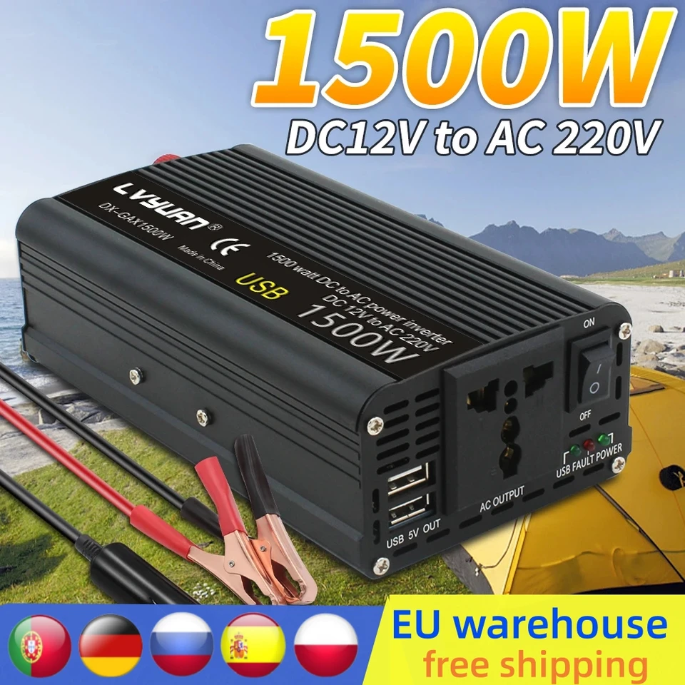 Invertor DC 12V až AC 220V 230V 1500W/4000W Prevodník napätia Dual USB Universal Eu Socket Solar Enverter Inverter Automatické príslušenstvo