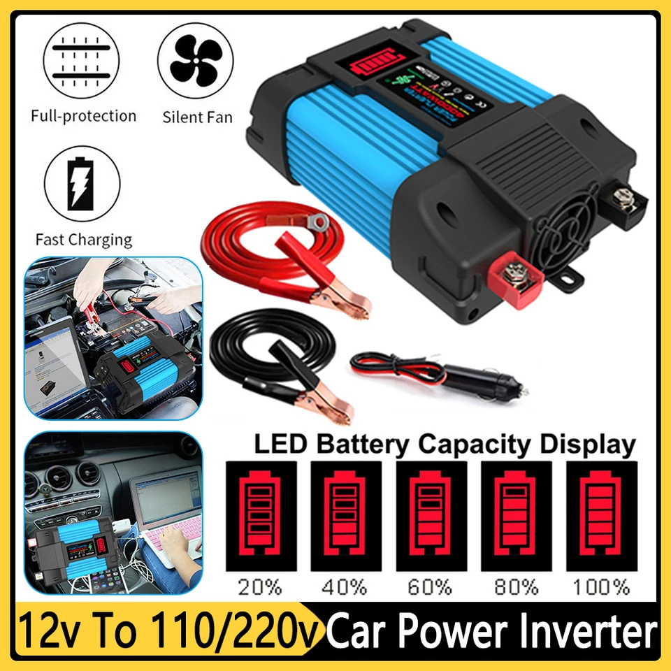 Invertor napájania automobilu 12V až AC 220V Automatické výkonové porty 2USB Adaptéry automobilu Adaptéry napájacieho batérie Displej prevodníka transformátora