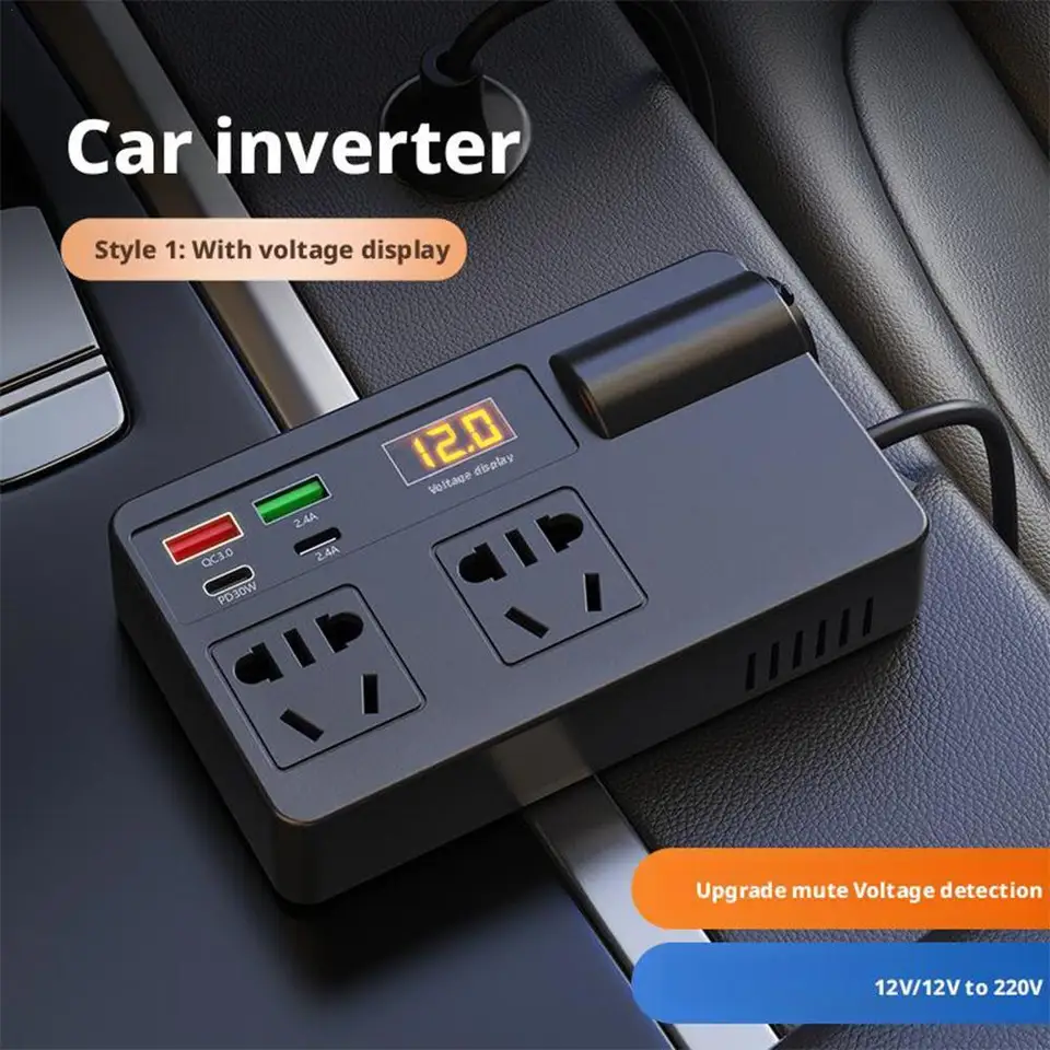 Invertor vozidla DC 12V/24V až AC 220V Prevodník zapnutia/vypnutia QC 3.0 USB/PD/TYP-C Nabíjačky DETECTION
