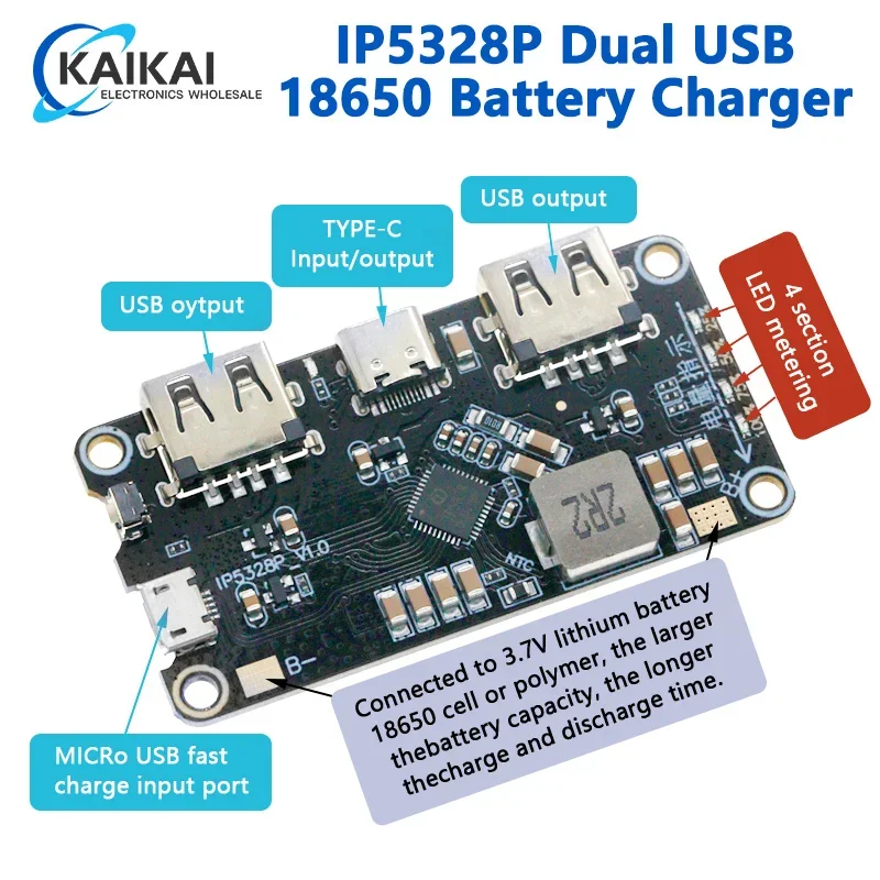 IP5328P Dual USB 18650 Treasure nabíjačky batérií TPYE-C 3,7V až 5V 9V 12V Zvýšte rýchlu dosku s rýchlym nabíjačkou QC2.0 QC3.0