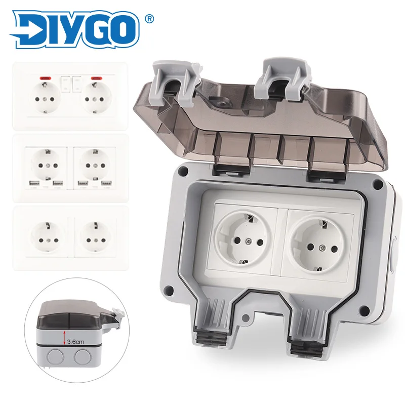 IP66 vodotesný spínač na stenu Socke Socke Double Power Outlet s USB spínačom vonkajšieho nástenného typu Eu Nemecko štandardné pre domácich majstrov