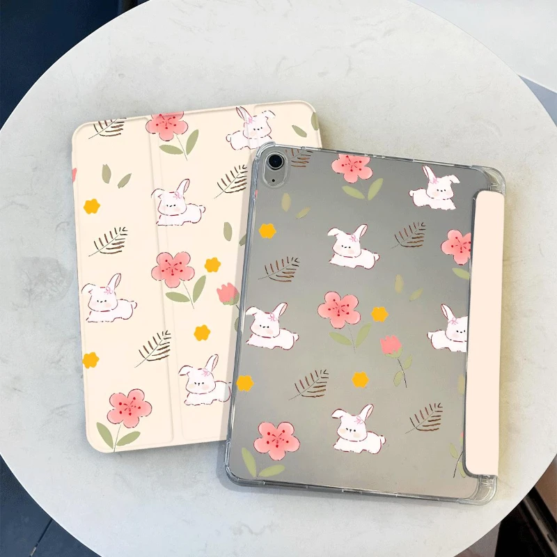 IPad 2017 10,5 palca Tri-T-Tro-Fold Funda 2021 10.2 7/8/9 Generácia iPad Mini6 8.3 iPad Air 5 2022 Air 4 Case Flower Bunny PC Shell