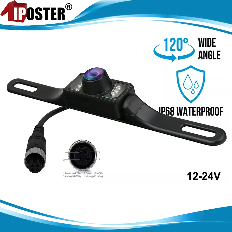 Iposter 4 PIN CAR Auto Zálohovanie Zadný pohľad Zadný výhľad na reverznú kameru Nočné videnie 12-24V 120 ° vodotesný IP67 pre kamión SUV CARAVAN CAR