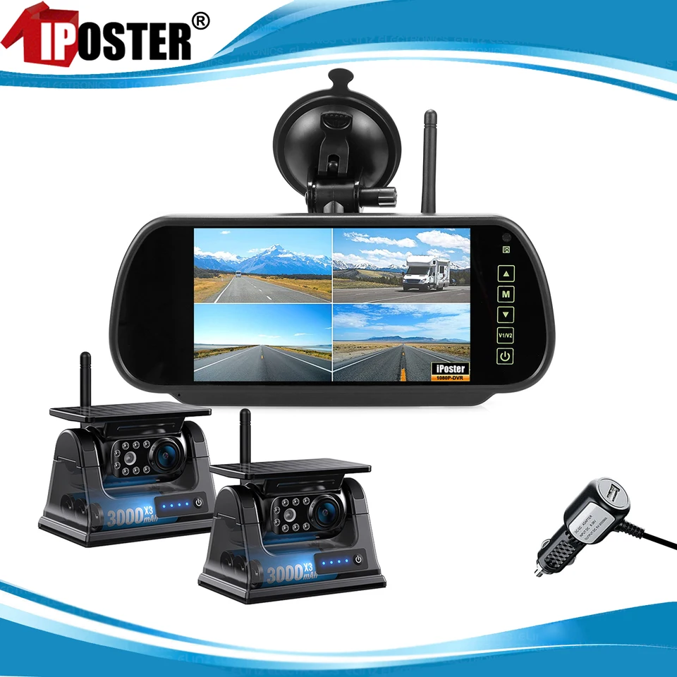 Iposter Digital Wireless 7 -palcový štvorkolkový monitor DVR VIDEO ROZHODU+2X Solárny panel Magnetický základný pohľad Zadný pohľad