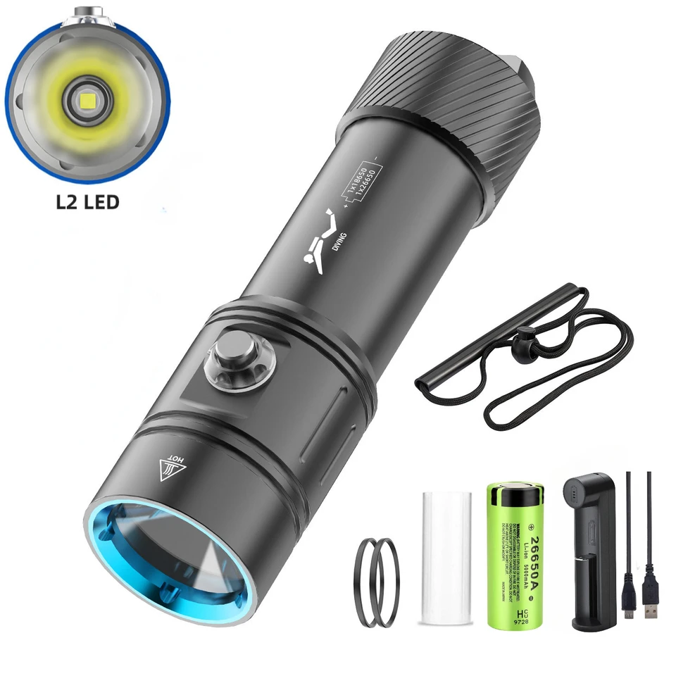 IPX8 nepremokavá LED baterka Torch pod vodou 100 m potápačská žiarovka 4Mode L2 Dive Light Power do 18650 alebo 26650 batéria