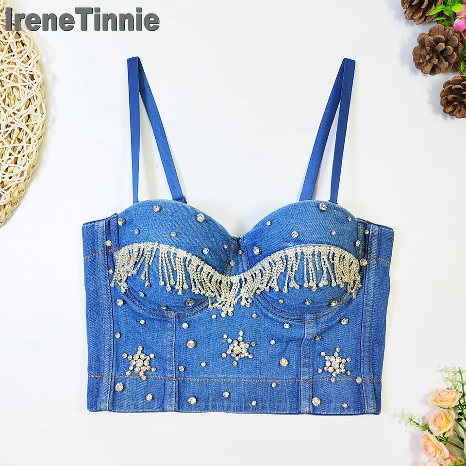 Irene Tinnie Women Fashion Streetwear Blue Denim Sexy Tops Short Diamond Tassel Party Jeans