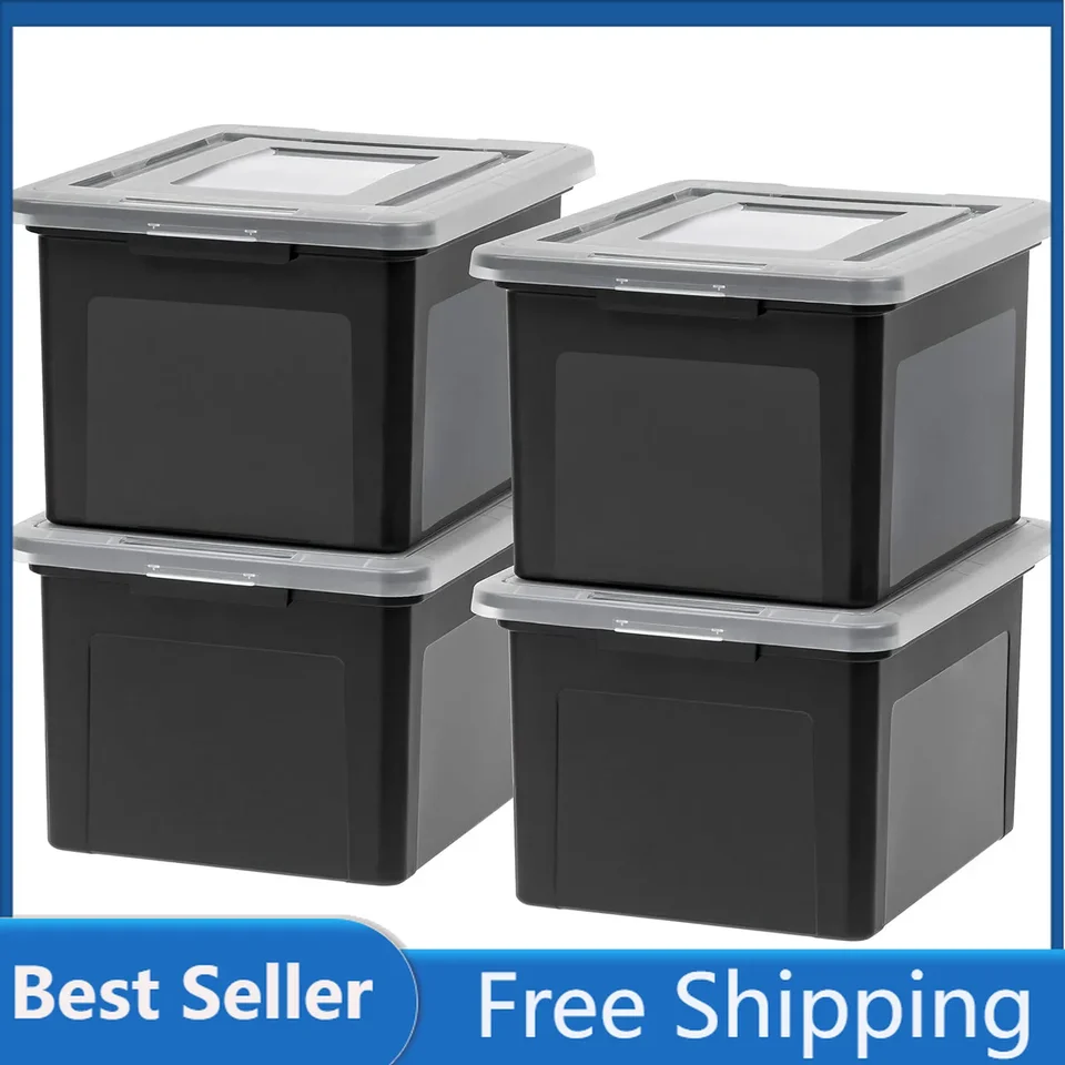 Iris USA 4 balenie Letter/Legal File Tote Box, Organizátor plastového úložného priestoru s odolným a zabezpečeným západkovým vekom, čierny/čistý